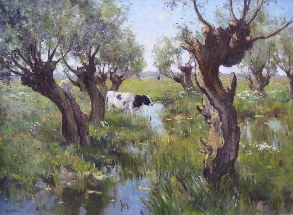 Dutch artist, Gerard Altmann studied at the Academy of Art in Rotterdam (1901 - 
1904) pupil of Jan Striening and F.S.W. Oldewelt. He worked for Kortenhoef, 
painted the Nienwkoopse plassen, the Reeuwjkse Plassen and the Kaag (These 
are big lakes in Zuid Holland) He traveled to France. He is known as a painter, 
watercolorist, etcher and lithographer of landscapes,(also cattle). He also painted 
portraits, still-lifes and some interiors. Member of 