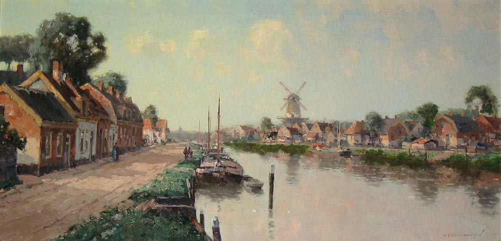 Near Aalsmeer, Delfgaauw, Gerardus, Johannes, born in 1882 in Monster and died in 1947 in Den 
Haag..
Delfgaauw was more than just a seascape painter and particularly favoured 
landscapes of places reclaimed from the sea, flat areas (polders) scattered with 
windmills, advancing as far as the dykes, the scenesdotted with little harbours and 
shores.