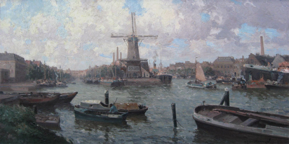 Delfgaauw, Gerardus, Johannes, born in 1882 in Monster and died in 1947 in Den 
Haag..
Delfgaauw was more than just a seascape painter and particularly favoured 
landscapes of places reclaimed from the sea, flat areas (polders) scattered with 
windmills, advancing as far as the dykes, the scenesdotted with little harbours and 
shores.