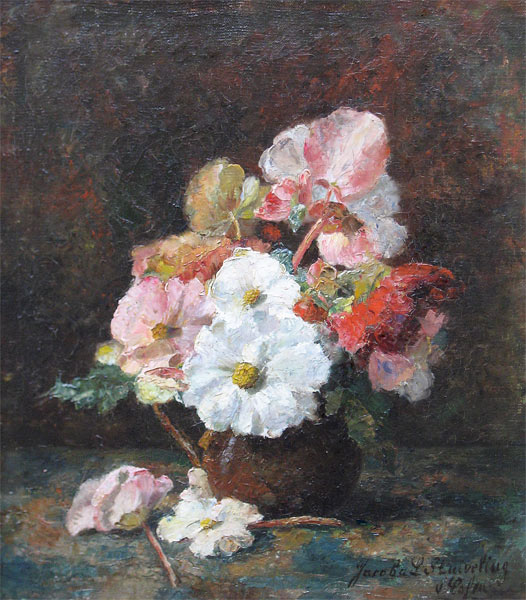 Louise Jacoba 'Jacoba L.' Stuiveling-van Essen
Den Haag 1870-1936 Blaricum
Jacoba L. Stuiveling van Essen is born in 1870 in Den Haag and she died in 1936 
in Blaricum. She was a very famous painter of flower still lifes.