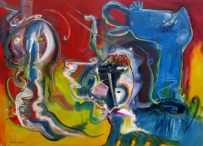 Jan te Wierik (Hengelo, 1954) was a colorful, very special man and a passionate artist.  He was self-taught and became known as abstract expressionist painter. 
He was also a meritorious poet, sculptor and musician.  Unfortunately Wierik January to 48 at early age of deceased. 
The intention of his work remained unchanged but the expressiveness of the figures shown in this way was reinforced.  Despite the more obvious configuration still worked from the immediate emotion, by impulsive acts.  He seldom worked with a preconceived plan.