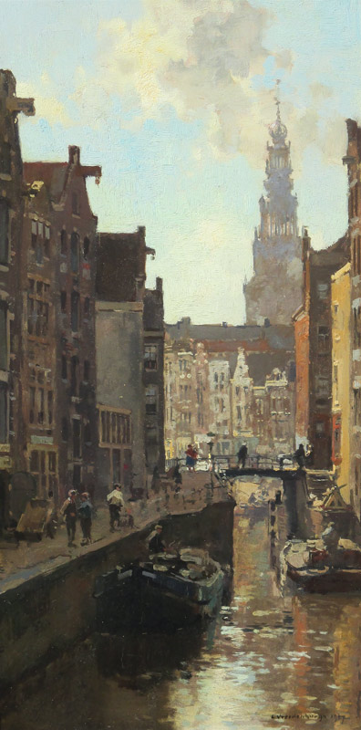 Cornelis Vreedenburgh
(1880 - 1946) 
Cornelis Vreedenburgh was born in 1880 in Woerden. During his life he stayed loyal to the impressionistic style of painting of the Haagse School. He developed his own style which is somewhat similar to Luminisme, with the use of light, delicate touches of paint.

Vreedenburgh's painted mainly landscapes, water and city scenes. He produced much of his work in Zuid Holland with its many lakes. He lived between 1906 until 1912  in Reeuwijk, Warmond and Noorden. In 1917 he settled with his wife, the painter Marie Schotel (1884-1953), in Laren. At that time, Vreedenburgh began painting his most important subject: Amsterdam city scenes. Later, he also would focus on harbour views and building activities in the city. 


Cornelis Vreedenburgh was born in Woerden on August 25th, 1880 and was a loyal follower of The Hague School Impressionism all his life. His characteristic style of short, often colourful strokes and highlights, has a luminous feel to it that is totally his own. His father, who painted himself and had a large painting company, gave him his first drawing lessons when he was very young. He went on to study with the famous artists Willem Tholen and Paul Arntzenius. Vreedenburgh had a fondness for water landscapes and together with his former tutor and friend Tholen, he often travelled outdoors near waterways and rivers to paint.

After his marriage to the painter M. Schotel they spent some time together in the village of Saint Tropez in the south of France. Back in Holland they settled in the small town of Hattem for a time but eventually moved to the “Gooi” and the town of Laren later on. Vreedenburgh returned to Amsterdam, the city that captivated him, on a regular basis to paint the canals and “grachtenpanden”. During a study trip to Palestine and a commissioned trip to the “Holy Land” of Israël, Vreedenburgh produced many sketches and studies in watercolour and oil paint. In 1937 Queen Wilhelmina bought two of his paintings, “Cows in the Meadow” and “The Prins Hendrikkade in Amsterdam”. The latter was stolen in the Second World War by the German forces and has never been found. 

Vreedenburgh was a member of the artist society “Pulchri Studio” in The Hague, “Lucas” in Laren and “Arti et Amicitae” in Amsterdam. He won numerous medals for his work during his lifetime, including a silver medal in San Francisco, the Willink van Collen Prize through Art et Amicitiae and a bronze medal in Arnhem. Vreedenburgh died in Laren on June 27th, 1946.


Exhibitions


Cornelis Vreedenburgh (1880-1946) terug in Woerden, 25 Mar. - 25 Jun. 2000, Stadsmuseum Woerden, The Netherlands


collections


Work by Cornelis Vreedenburgh is represented in the collection of diverse major Dutch museums, among others the Singer Museum in Laren, Centraal Museum Utrecht and Stadsmuseum Woerden.