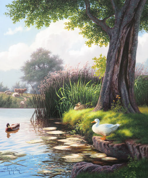 Ducks by the waterside, Daniel Van der Putten was born in a small farming village near Leyden in Holland. Initially he worked for his father in the family horticulture business, but found that his desire to paint was too strong to ignore. This desire and ability, no doubt, was inherited from his mother and also from his aunt who was a professional portrait artist exhibiting mainly in Holland and America. Daniel married his Scottish wife and settled in Scotland. They worked together from the start and researched and studied various techniques of painting, primarily those of the Great Dutch Masters, giving attention to observing the natural landscape wherever they travelled. Daniel was particularly inspired by the British landscape and moved to England to become a full-time painter. Daniel’s paintings depict the vast array of colour, light and shadow which appear in nature and reveal a unique style all of his own. As an artist of international reputation, his works have been exhibited at The Royal Institute of Oil Painters, London, Scotland and one-man exhibitions in England, Canada, Taiwan and the U.S.A.