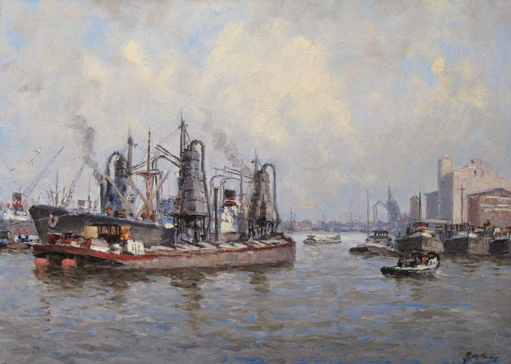 Havengezicht Rotterdam, olieverf op linnen, afmeting 50x70cm doekmaat.
