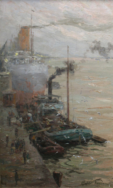 Oswald Poreau was a Post-Impressionist painter of landscapes, harbour scenes, flowers and portraits. After finishing military school, he received his initial artistic training from family friend Joseph Quinaux in 1894. He later studied architecture and fine arts at the Academy of Brussels under the tutorship of Jan Stallaert until 1900. He married a musician in Paris in 1905 and worked a few years near Barbizon in France. Poreau returned to Belgium and travelled many times to Germany, England and France. Back in Belgium, Poreau painted mostly the coast, the borders of the river Schelde and the industrial landscapes of the Borinage.