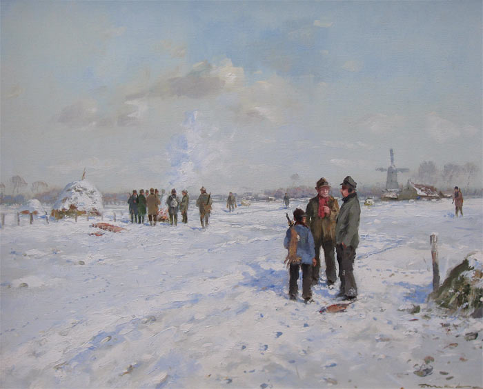 Fritz Moritz is geboren in 1922 te Dusseldorf en overleden in 1994. Hij schilderde in hoofdzaak winterlandschappen, kade's met boten en jachttaferelen met figuren die duidelijk aanwezig waren in zijn schilderijen.