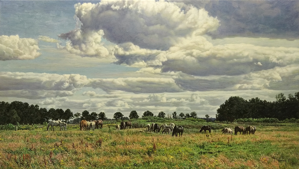Paarden in natuurgebied in Drenthe, olieverf op linnen, afmeting 40x70cm doekmaat