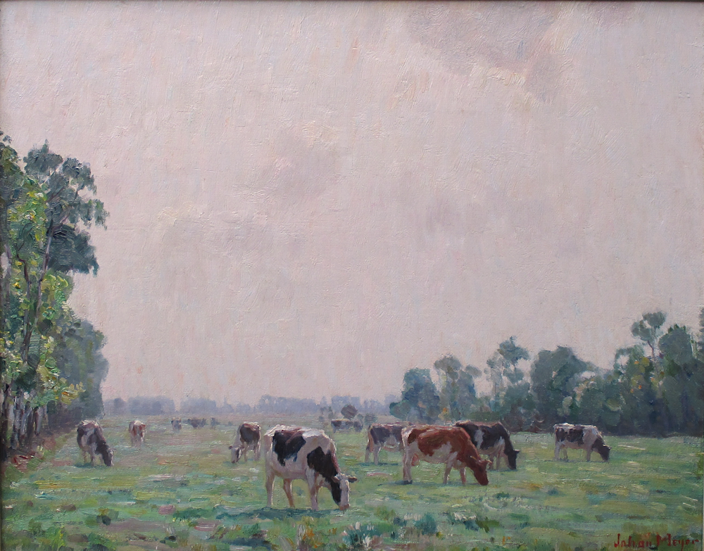 Johan Meijer, weide met koeien, afmeting 40x50 doekmaat, olieverf op linnen