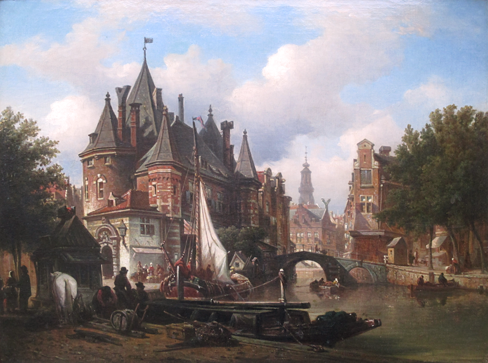 E.P. van Bommel, De Waag in Amsterdam, olieverf op linnen bevestigd op paneel, afmeting 46x60,5cm beeldmaat