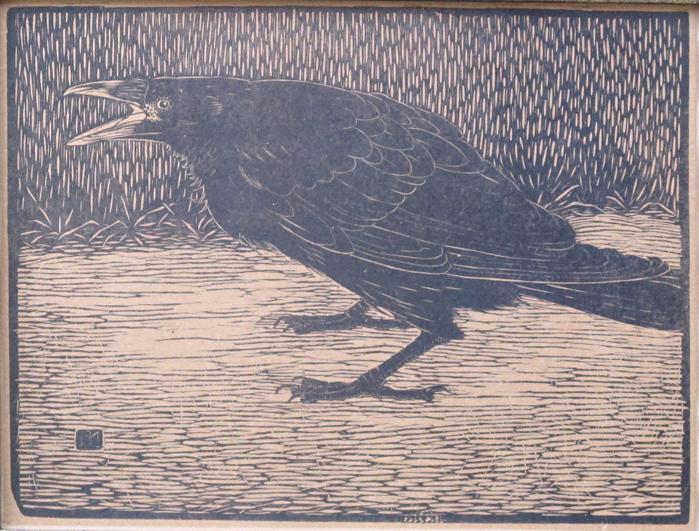 Jan Mankes, houtsnede op japans papier, schreeuwende kraai, afmeting 18x24cm beeldmaat