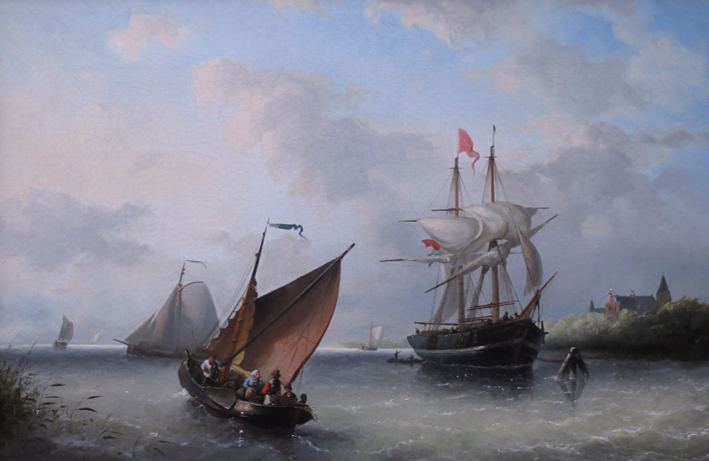 N. Riegen, riviermonding met schepen, olieverf op linnen, afmeting 44x67cm doekmaat