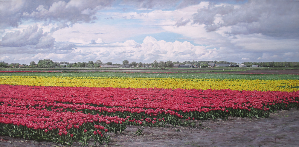 A. Prodan, olieverf op linnen, bloembollenveld in Drenthe, afmeting 50x100cm doekmaat