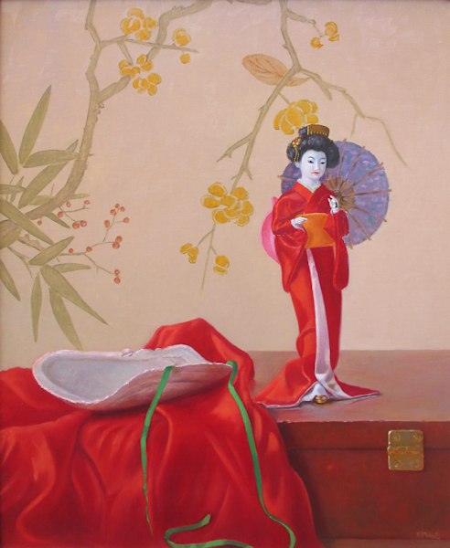 E.P. Moleveld, stilleven met een Geisha popje, afmeting 50x60cm doekmaat