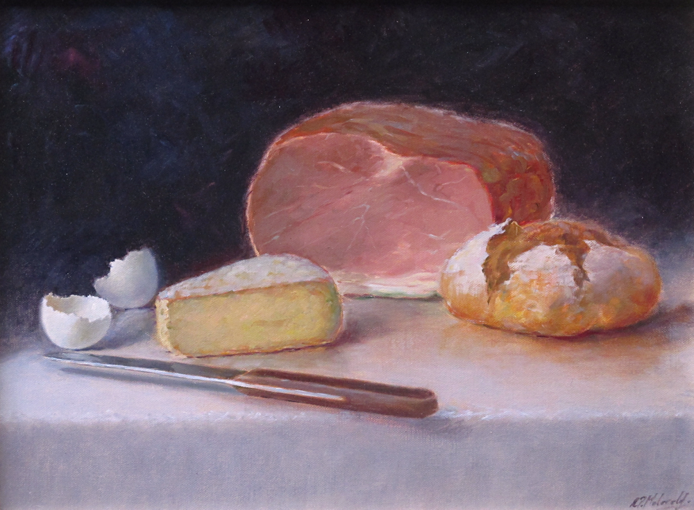 E.P. Moleveld, olieverf op linnen, afmeting 30x40cm doekmaat, ham en kaas