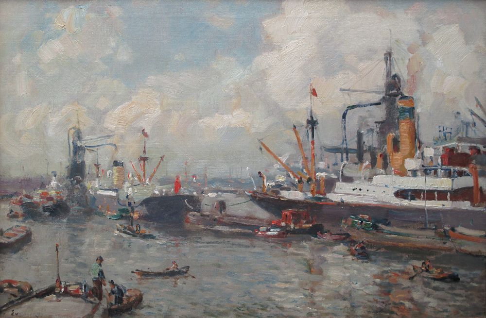 Evert Moll, Rotterdamse haven, olieverf op linnen, afmeting 40x60cm doekmaat