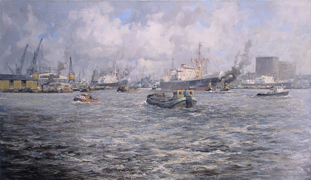 M. de Jongere, haven van Rotterdam, afmeting 70x120cm doekmaat, olieverf op linnen, nr. 9