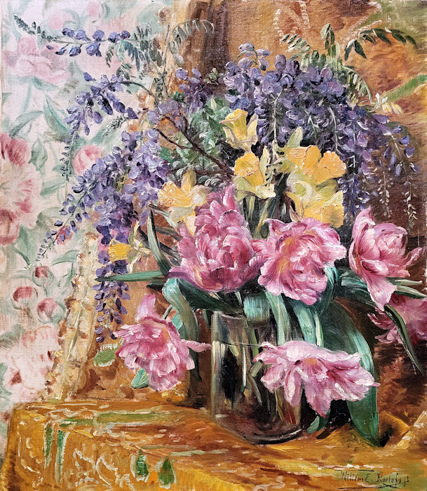 W.E. Roelofs, bloemstilleven, olieverf op linnen, afmeting 60x70cm doekmaat, nr. 58