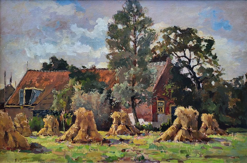 A. Rosemeier, boerenerf met korenschoven, olieverf op linnen, afmeting 40x60cm doekmaat, nr. 13