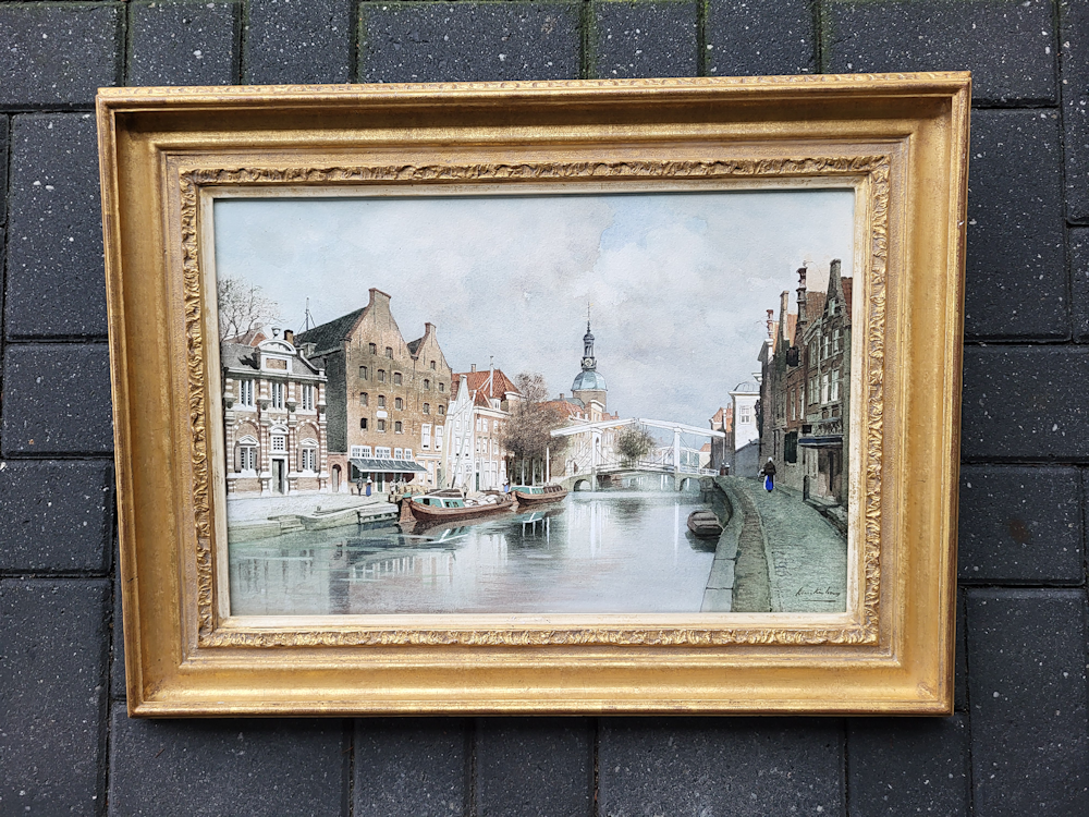 J.C.K. Klinkenberg, grachten kade in Leiden, aquarel op papier, afmeting 35x51cm, afmeting incl. lijst 51x67cm