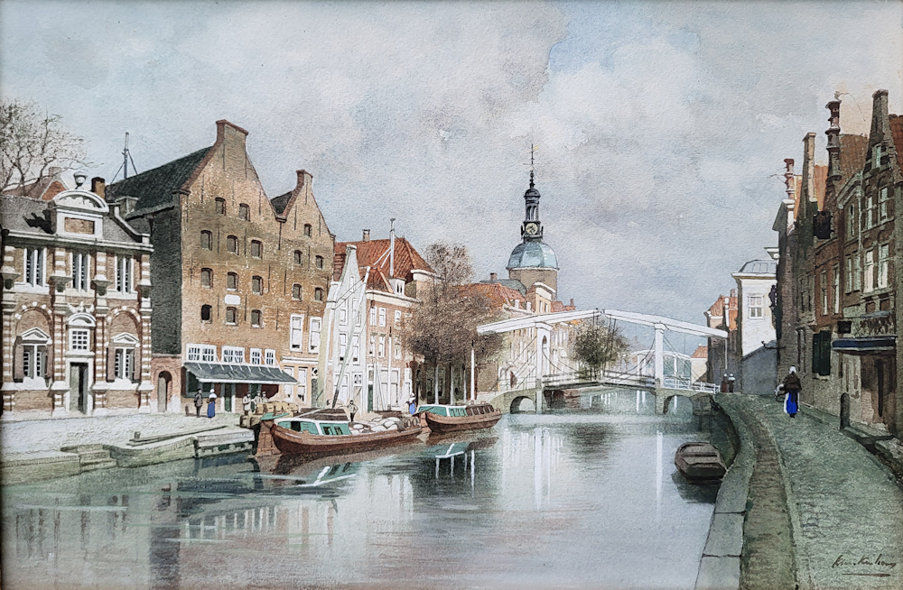 J.C.K. Klinkenberg, grachten kade in Leiden, aquarel op papier, afmeting 35x51cm beeldmaat, nr. 9
