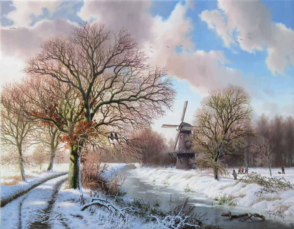 Daniel van der Putten, winterlandschap met molen, olieverf op paneel, afmeting 28,5x35cm paneelmaat, nr 41