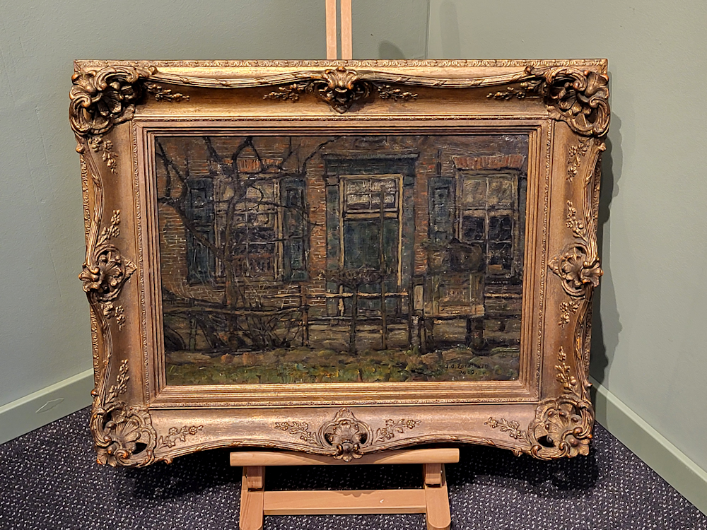 J.A. Zandleven, 1868-1946, maroufle, olieverf op linnen bevestigd op schilderkarton, afmeting 32x46cm boardplaat, afmeting incl. lijst 48x62cm, 750,- euro, nr. 32