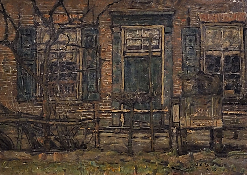 J.A. Zandleven, 1868-1946, achterhuis, olieverf op linnen bevestigd op schilderkarton, afmeting 32x46cm beeldmaat, 750,- euro, nr. 31