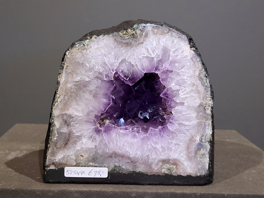 Amethist, 5,3 kg, 75,- euro, nr. 13

Waar komt amethist vandaan en hoe ontstaan ze?
Amethist wordt wereldwijd gevonden maar de grootste
vondsten worden gedaan in Brazilië, Uruguay, Mexico en Zambia.
Deze edelsteen komt voor in basalt holtes of geodes die ontstaan zijn door
vulkaanuitbarstingen, het duurt miljoenen jaren voordat de kristallen zich vormen.
De kleur van de amethist wordt veroorzaakt door de aanwezigheid
van ijzer en mangaan. 
Waar kan amethist niet goed tegen?
Amethist kan niet goed tegen fel zonlicht en plotselinge
temperatuurwisselingen. Langdurige blootstelling aan zonlicht
doet de kleur doen vervagen en abrupte temperatuur veranderingen
kan voor barsten en/of scheuren zorgen. Amethist kan daarentegen
wel grotendeels tegen water.
Spirituele werking van de amethist:
> Rust, spirituele groei en bescherming.
Amethist staat vooral bekend om zijn kalmerende werking.

                                                                                        -  Kunstgalerie Arnold  - 