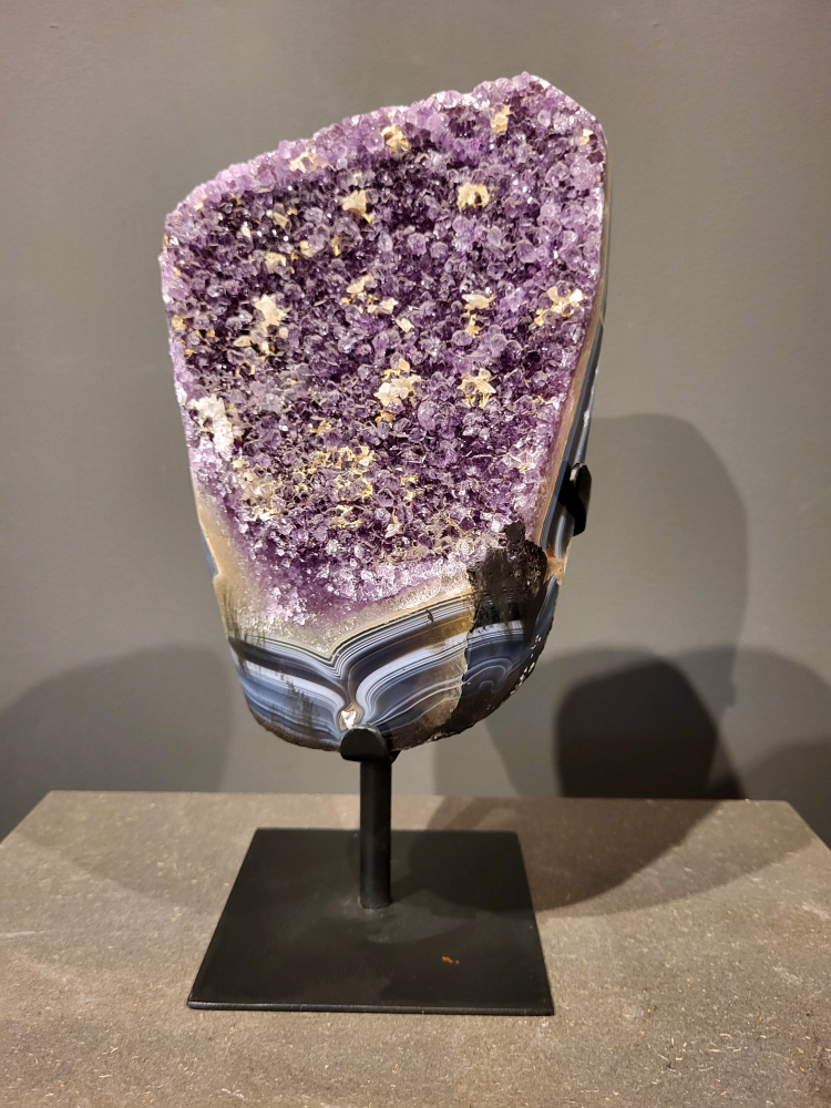 Amethist op standaard, 5,5 kg, 165,- euro, nr. 40
Waar komt amethist vandaan en hoe ontstaan ze?
Amethist wordt wereldwijd gevonden maar de grootste
vondsten worden gedaan in Brazilië, Uruguay, Mexico en Zambia.
Deze edelsteen komt voor in basalt holtes of geodes die ontstaan zijn door
vulkaanuitbarstingen, het duurt miljoenen jaren voordat de kristallen zich vormen.
De kleur van de amethist wordt veroorzaakt door de aanwezigheid
van ijzer en mangaan. 
Waar kan amethist niet goed tegen?
Amethist kan niet goed tegen fel zonlicht en plotselinge
temperatuurwisselingen. Langdurige blootstelling aan zonlicht
doet de kleur doen vervagen en abrupte temperatuur veranderingen
kan voor barsten en/of scheuren zorgen. Amethist kan daarentegen
wel grotendeels tegen water.
Spirituele werking van de amethist:
> Rust, spirituele groei en bescherming.
Amethist staat vooral bekend om zijn kalmerende werking.

                                                                                        -  Kunstgalerie Arnold  - 