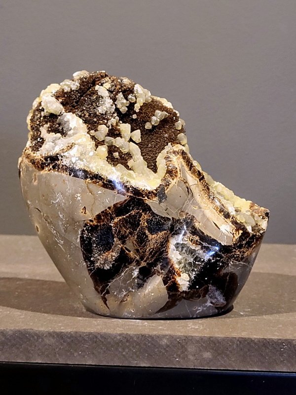 Septarie gekristaliseerd groen, 1598 gram, 47,- euro, nr. 21
Septarie of separia is een gesteente dat bekend staat om zijn unieke uiterlijk, vaak beschreven als een "drakensteen" of "schildpaddensteen" vanwege de scheuren en patronen. Het is een concretie, een harde massa die ontstaat in sedimentair gesteente, gevuld met scheuren die zijn opgevuld met andere mineralen zoals calciet of aragoniet. Septarie wordt vaak geassocieerd met aardende en kalmerende eigenschappen en wordt gebruikt voor spirituele en helende doeleinden. 
Kenmerken en vorming:
Uiterlijk:
Septarie heeft kenmerkende scheuren en spleten, die het gesteente een uniek patroon geven. 
Samenstelling:
Het bestaat voornamelijk uit calciet, aragoniet en klei, maar kan ook andere mineralen bevatten, zoals gips, pyriet of chalcopyriet. 
Vorming:
Het ontstaat wanneer kleiige modder uitdroogt en krimpscheuren ontstaan. Deze scheuren worden vervolgens opgevuld met mineralen. 
Locaties:
Septarie wordt over de hele wereld gevonden, met bekende vindplaatsen in Madagaskar en de Verenigde Staten, volgens Kristalmeester. 
Spirituele en helende eigenschappen:
Aarding:
Septarie staat bekend om zijn aardende eigenschappen, die helpen om meer geaard te zijn en verbonden te blijven met de aarde. 
Kalmerend:
De steen zou een kalmerend effect hebben op emoties en het energetisch lichaam. 
Zelfvertrouwen:
Septarie kan helpen om meer zelfvertrouwen en eigenwaarde te ontwikkelen. 
Communicatie:
Het wordt ook geassocieerd met verbeterde communicatieve vaardigheden, vooral bij spreken in het openbaar. 
Andere eigenschappen:
Septarie wordt ook in verband gebracht met het bevorderen van geduld, tolerantie, en het versterken van de verbinding met Moeder Aarde, volgens Semoea Helende Edelstenen. 
Gebruik:
Meditatie: Septarie kan gebruikt worden tijdens meditatie om de aarding te bevorderen en helderheid van geest te krijgen. 
Chakra werk: Het wordt vaak geassocieerd met het basischakra en het zonnevlechtchakra. 
Edelsteen therapie: Septarie kan worden gebruikt in edelsteen therapie om verschillende klachten te ondersteunen. 
Sieraden: Septarie wordt ook veel gebruikt in hangers, ringen, en andere sieraden. 
Reiniging en opladen:
Septarie kan op verschillende manieren gereinigd en opgeladen worden, bijvoorbeeld onder stromend water, met seleniet of door het in de zon of maanlicht te leggen. 
Let op: Hoewel septarie spirituele en helende eigenschappen wordt toegedicht, is het belangrijk om te onthouden dat deze niet wetenschappelijk zijn bewezen en dat het geen vervanging is voor medische behandeling