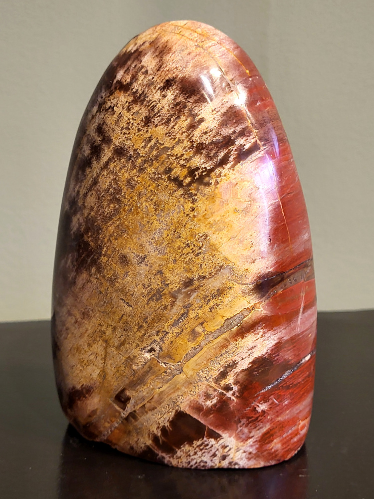 Versteend hout, 0,8 kg, 12cm hoog, 25,- euro, nr. 52
Versteend hout is miljoenen jaren oud!
Chakra: wortelchakra (Muladhara)
Waar komt versteend hout vandaan en hoe ontstaan het?
Versteend hout, of gefossiliseerd hout, ontstaat wanneer een boom na zijn overlijden bedekt wordt door sediment, waardoor het langzaam omgezet wordt in steen. In plaats van te vergaan, wordt het hout geleidelijk vervangen door mineralen zoals silica. Dit proces behoudt de originele structuur van het hout, inclusief details zoals jaarringen en nerven. Het kan miljoenen jaren duren, aangezien het water dat rijk is aan mineralen de houtcellen binnendringt, terwijl zuurstof geen rol meer speelt in de afbraak.
De kleur van versteend hout is precies zoals het hout er oorspronkelijk uit zag.
Spirituele werking van versteend hout:
> stabiliteit, rust en veiligheid
Fysiek zou het positieve effecten hebben op het skelet, de botten en de rug, en kan het ondersteuning bieden bij aandoeningen zoals osteoporose en ADHD.
- Kunstgalerie Arnold -