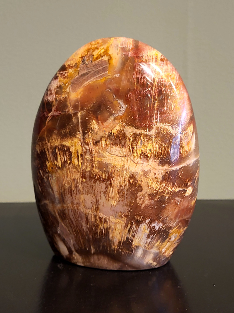 Versteend hout, 1 kg, 13cm hoog, 30,- euro, nr. 53
Versteend hout is miljoenen jaren oud!
Chakra: wortelchakra (Muladhara)
Waar komt versteend hout vandaan en hoe ontstaan het?
Versteend hout, of gefossiliseerd hout, ontstaat wanneer een boom na zijn overlijden bedekt wordt door sediment, waardoor het langzaam omgezet wordt in steen. In plaats van te vergaan, wordt het hout geleidelijk vervangen door mineralen zoals silica. Dit proces behoudt de originele structuur van het hout, inclusief details zoals jaarringen en nerven. Het kan miljoenen jaren duren, aangezien het water dat rijk is aan mineralen de houtcellen binnendringt, terwijl zuurstof geen rol meer speelt in de afbraak.
De kleur van versteend hout is precies zoals het hout er oorspronkelijk uit zag.
Spirituele werking van versteend hout:
> stabiliteit, rust en veiligheid
Fysiek zou het positieve effecten hebben op het skelet, de botten en de rug, en kan het ondersteuning bieden bij aandoeningen zoals osteoporose en ADHD.
- Kunstgalerie Arnold -