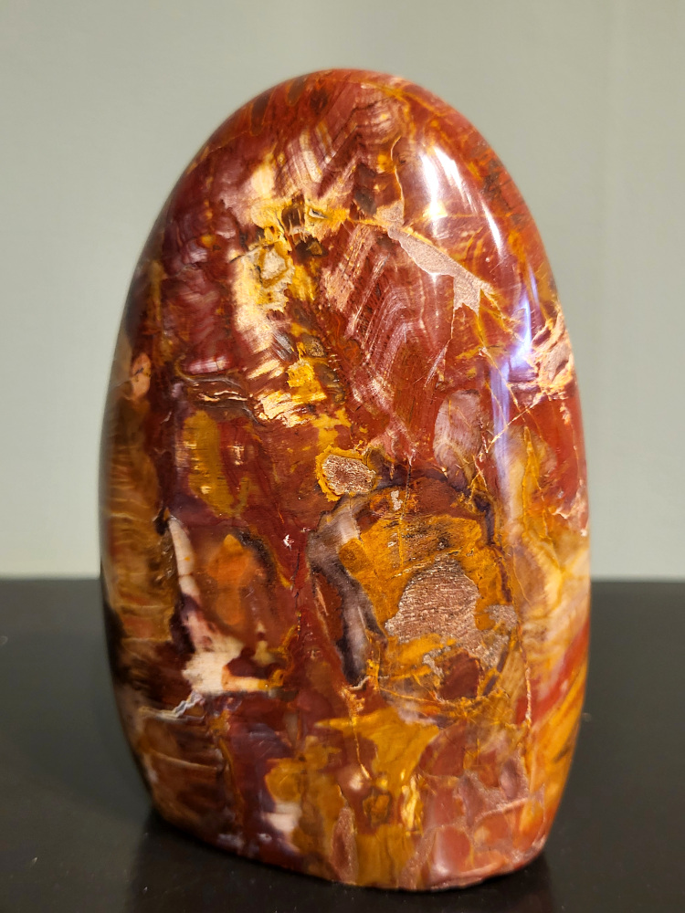 Versteend hout, 0,8kg, 13cm hoog, 25,- euro, nr. 84
Versteend hout is miljoenen jaren oud!
Chakra: wortelchakra (Muladhara)
Waar komt versteend hout vandaan en hoe ontstaan het?
Versteend hout, of gefossiliseerd hout, ontstaat wanneer een boom na zijn overlijden bedekt wordt door sediment, waardoor het langzaam omgezet wordt in steen. In plaats van te vergaan, wordt het hout geleidelijk vervangen door mineralen zoals silica. Dit proces behoudt de originele structuur van het hout, inclusief details zoals jaarringen en nerven. Het kan miljoenen jaren duren, aangezien het water dat rijk is aan mineralen de houtcellen binnendringt, terwijl zuurstof geen rol meer speelt in de afbraak.
De kleur van versteend hout is precies zoals het hout er oorspronkelijk uit zag.
Spirituele werking van versteend hout:
> stabiliteit, rust en veiligheid
Fysiek zou het positieve effecten hebben op het skelet, de botten en de rug, en kan het ondersteuning bieden bij aandoeningen zoals osteoporose en ADHD.
- Kunstgalerie Arnold -