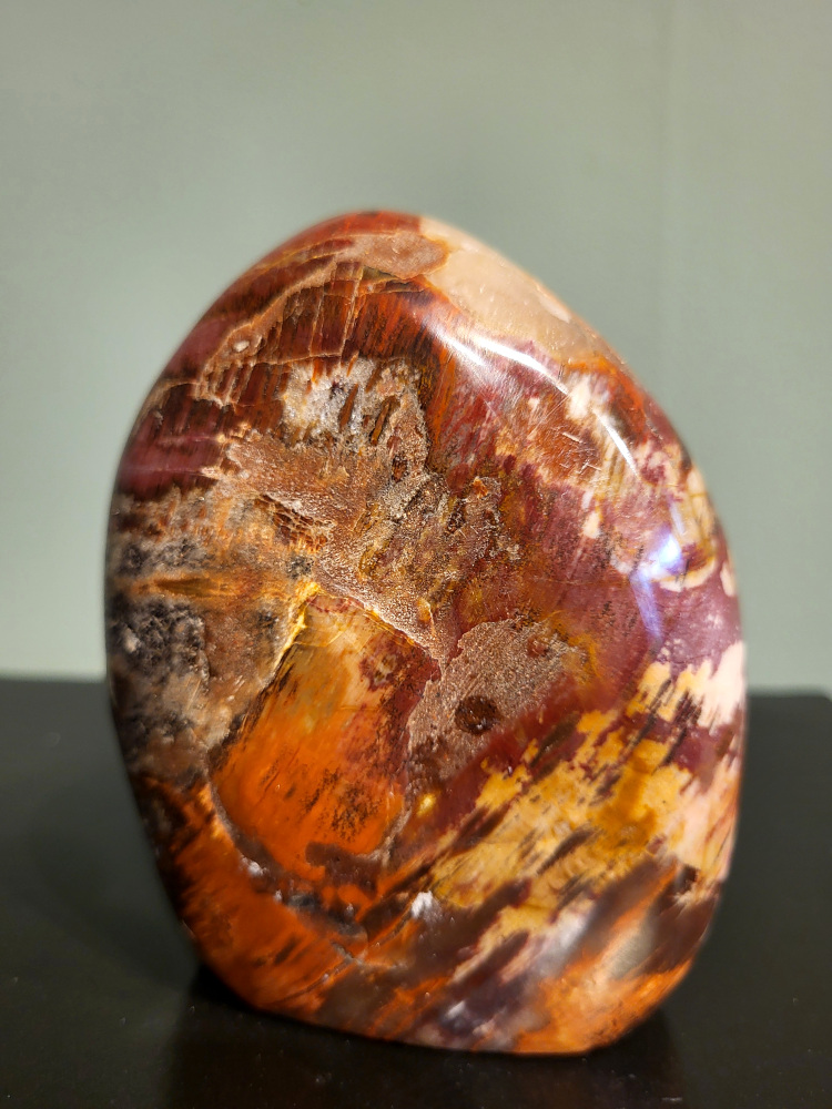 Versteend hout, 0,9kg, 11cm, hoog, 26,- euro, nr. 83
Versteend hout is miljoenen jaren oud!
Chakra: wortelchakra (Muladhara)
Waar komt versteend hout vandaan en hoe ontstaan het?
Versteend hout, of gefossiliseerd hout, ontstaat wanneer een boom na zijn overlijden bedekt wordt door sediment, waardoor het langzaam omgezet wordt in steen. In plaats van te vergaan, wordt het hout geleidelijk vervangen door mineralen zoals silica. Dit proces behoudt de originele structuur van het hout, inclusief details zoals jaarringen en nerven. Het kan miljoenen jaren duren, aangezien het water dat rijk is aan mineralen de houtcellen binnendringt, terwijl zuurstof geen rol meer speelt in de afbraak.
De kleur van versteend hout is precies zoals het hout er oorspronkelijk uit zag.
Spirituele werking van versteend hout:
> stabiliteit, rust en veiligheid
Fysiek zou het positieve effecten hebben op het skelet, de botten en de rug, en kan het ondersteuning bieden bij aandoeningen zoals osteoporose en ADHD.
- Kunstgalerie Arnold -