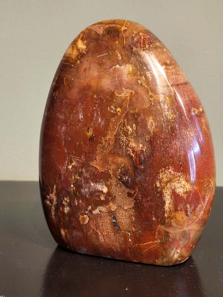 Versteend hout, 0,9 kg, 12cm hoog, 27,- euro, nr. 67
Versteend hout is miljoenen jaren oud!
Chakra: wortelchakra (Muladhara)
Waar komt versteend hout vandaan en hoe ontstaan het?
Versteend hout, of gefossiliseerd hout, ontstaat wanneer een boom na zijn overlijden bedekt wordt door sediment, waardoor het langzaam omgezet wordt in steen. In plaats van te vergaan, wordt het hout geleidelijk vervangen door mineralen zoals silica. Dit proces behoudt de originele structuur van het hout, inclusief details zoals jaarringen en nerven. Het kan miljoenen jaren duren, aangezien het water dat rijk is aan mineralen de houtcellen binnendringt, terwijl zuurstof geen rol meer speelt in de afbraak.
De kleur van versteend hout is precies zoals het hout er oorspronkelijk uit zag.
Spirituele werking van versteend hout:
> stabiliteit, rust en veiligheid
Fysiek zou het positieve effecten hebben op het skelet, de botten en de rug, en kan het ondersteuning bieden bij aandoeningen zoals osteoporose en ADHD.
- Kunstgalerie Arnold -