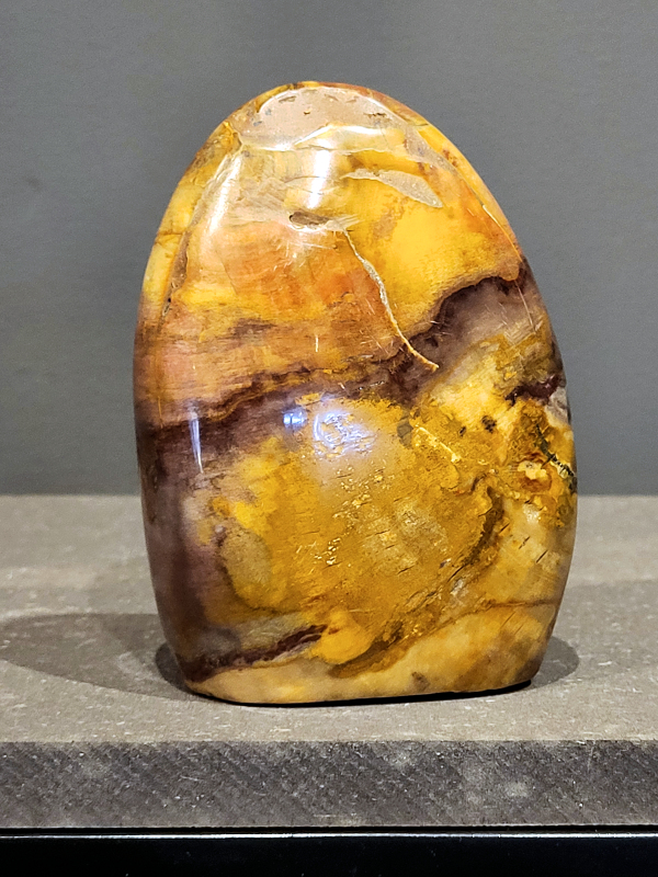 Versteend hout, 826 gram, 24,- euro.
Versteend hout is miljoenen jaren oud!
Chakra: wortelchakra (Muladhara)
Waar komt versteend hout vandaan en hoe ontstaan het?
Versteend hout, of gefossiliseerd hout, ontstaat wanneer een boom na zijn overlijden bedekt wordt door sediment, waardoor het langzaam omgezet wordt in steen. In plaats van te vergaan, wordt het hout geleidelijk vervangen door mineralen zoals silica. Dit proces behoudt de originele structuur van het hout, inclusief details zoals jaarringen en nerven. Het kan miljoenen jaren duren, aangezien het water dat rijk is aan mineralen de houtcellen binnendringt, terwijl zuurstof geen rol meer speelt in de afbraak.
De kleur van versteend hout is precies zoals het hout er oorspronkelijk uit zag.
Spirituele werking van versteend hout: 
> stabiliteit, rust en veiligheid
Fysiek zou het positieve effecten hebben op het skelet, de botten en de rug, en kan het ondersteuning bieden bij aandoeningen zoals osteoporose en ADHD.
                                                                                        -   Kunstgalerie Arnold   -