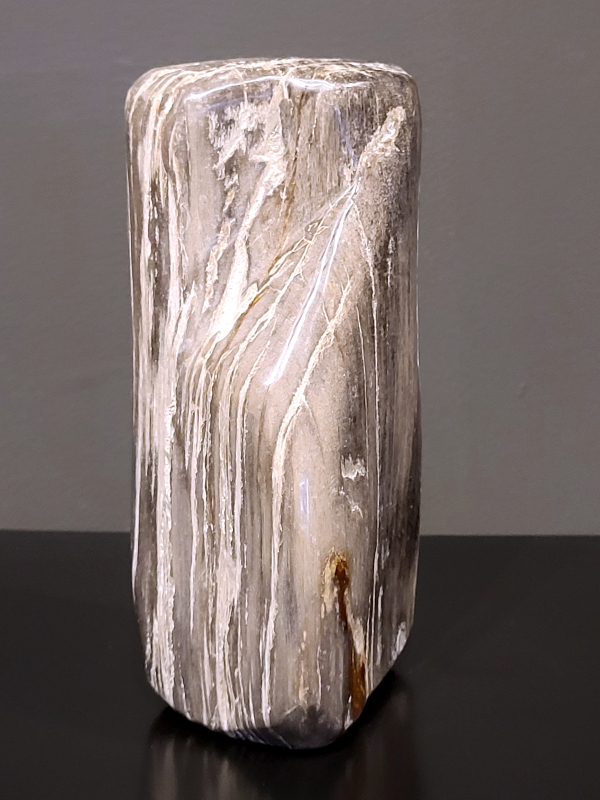 Versteend hout, 1,6 kg., 20cm hg. en 10cm br. 32,- euro, nr. 59

Versteend hout is miljoenen jaren oud!
Chakra: wortelchakra (Muladhara)
Waar komt versteend hout vandaan en hoe ontstaan het?
Versteend hout, of gefossiliseerd hout, ontstaat wanneer een boom na zijn overlijden bedekt wordt door sediment, waardoor het langzaam omgezet wordt in steen. In plaats van te vergaan, wordt het hout geleidelijk vervangen door mineralen zoals silica. Dit proces behoudt de originele structuur van het hout, inclusief details zoals jaarringen en nerven. Het kan miljoenen jaren duren, aangezien het water dat rijk is aan mineralen de houtcellen binnendringt, terwijl zuurstof geen rol meer speelt in de afbraak.
De kleur van versteend hout is precies zoals het hout er oorspronkelijk uit zag.
Spirituele werking van versteend hout: 
> stabiliteit, rust en veiligheid
Fysiek zou het positieve effecten hebben op het skelet, de botten en de rug, en kan het ondersteuning bieden bij aandoeningen zoals osteoporose en ADHD.
                                                                                        -   Kunstgalerie Arnold   -