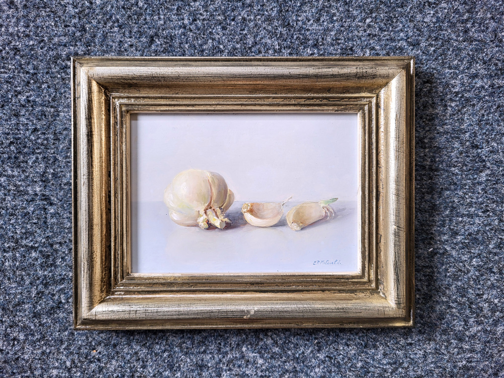 E.P. Moleveld, knoflook, 13x18cm paneel, incl. lijst, 350,- euro, nr. 483