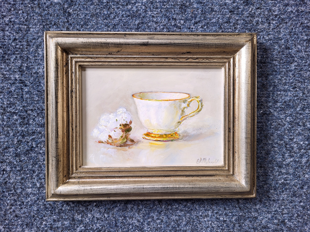 E.P. Moleveld, kop en schotel, 13x18cm paneel, incl. lijst, 350,- euro, nr. 481