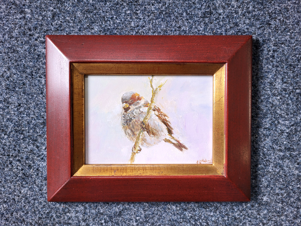 E.P. Moleveld, mus, 13x18cm paneel, incl. lijst, 350,- euro, nr. 486