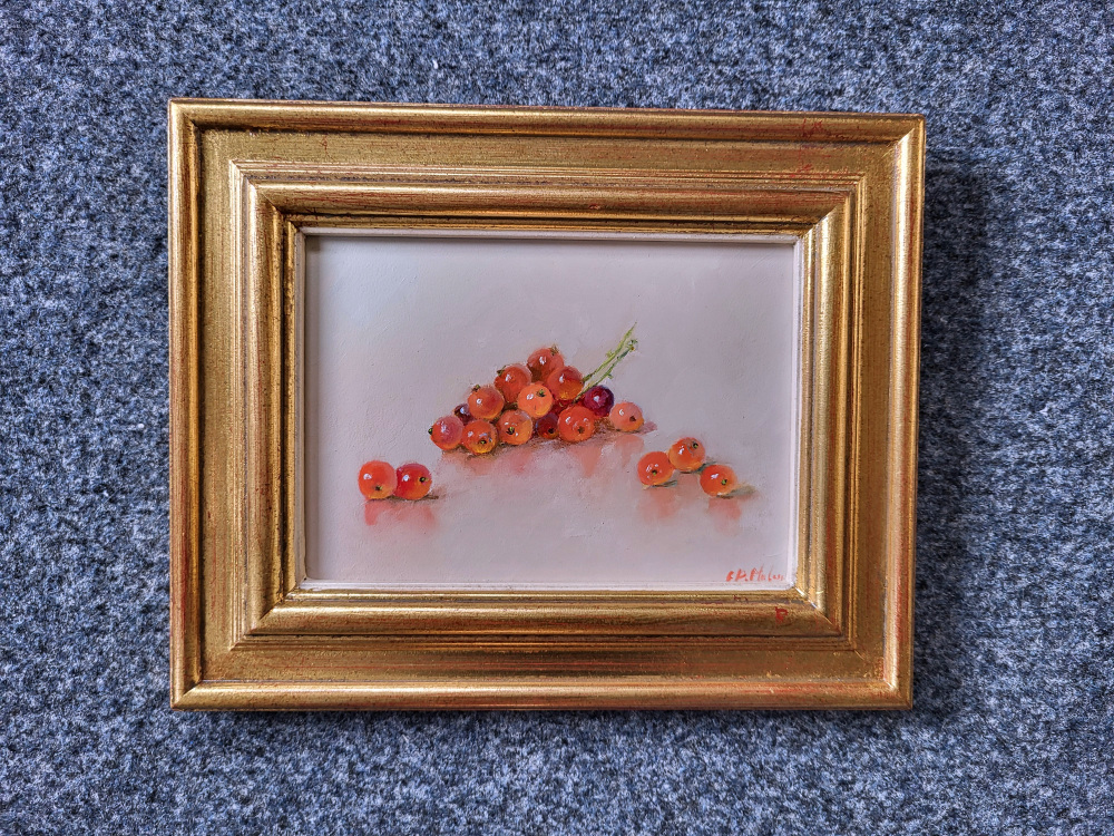 E.P. Moleveld, rode besjes, olieverf op paneel, afmeting incl. lijst 20x25cm, 350,- euro, nr. 480