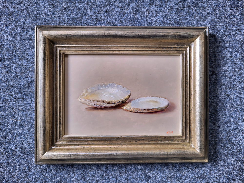 E.P. Moleveld, schelpen, 13x18cm paneel, incl. lijst, 350,- euro, nr. 482