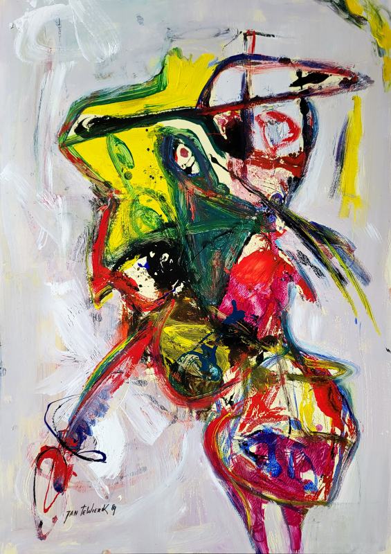 Jan te Wierik, vrije compositie, gemengde techniek op paneel, afmeting 72x102cm paneelmaat, 1650,- euro, nr. 50