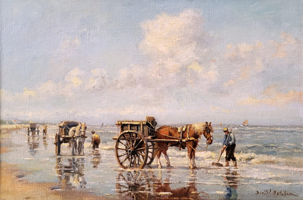 Daniel Noteboom, schelpenvissers, olieverf op linnen, afmeting 40x60cm doekmaat, 475,- euro, nr. 3 

Noteboom, Daniël, 1877-1943
Daniël Noteboom werd op 19 mei 1877 in Rotterdam geboren en overleed op 27 maart 1943 in Leiden. Hij was niet alleen de zoon van de bekende kunstschilder D. Noteboom maar ook zijn leerling.
Daniël volgde een kunstzinnige opleiding aan de Academie voor Beeldende Kunsten in Rotterdam. Naast de lessen die hij van zijn vader kreeg, was hij ook leerling van Willem Pothast.
Hij schilderde niet alleen, maar was ook vaardig als tekenaar, graficus en etser. Van zijn hand zijn zowel landschappen als portretten en stads-, dorps- en zeegezichten bekend in de diverse technieken.
Daniël Noteboom was lid van Arti et Amicitiae in Amsterdam en van de Nederlands-Indische Kunstkring in Batavia.