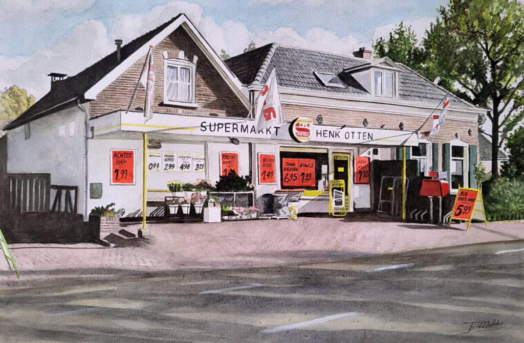 Supermarkt Henk Otten, aquarel, 38x55cm beeldmaat, zonder lijst, 30,- euro, nr. 41