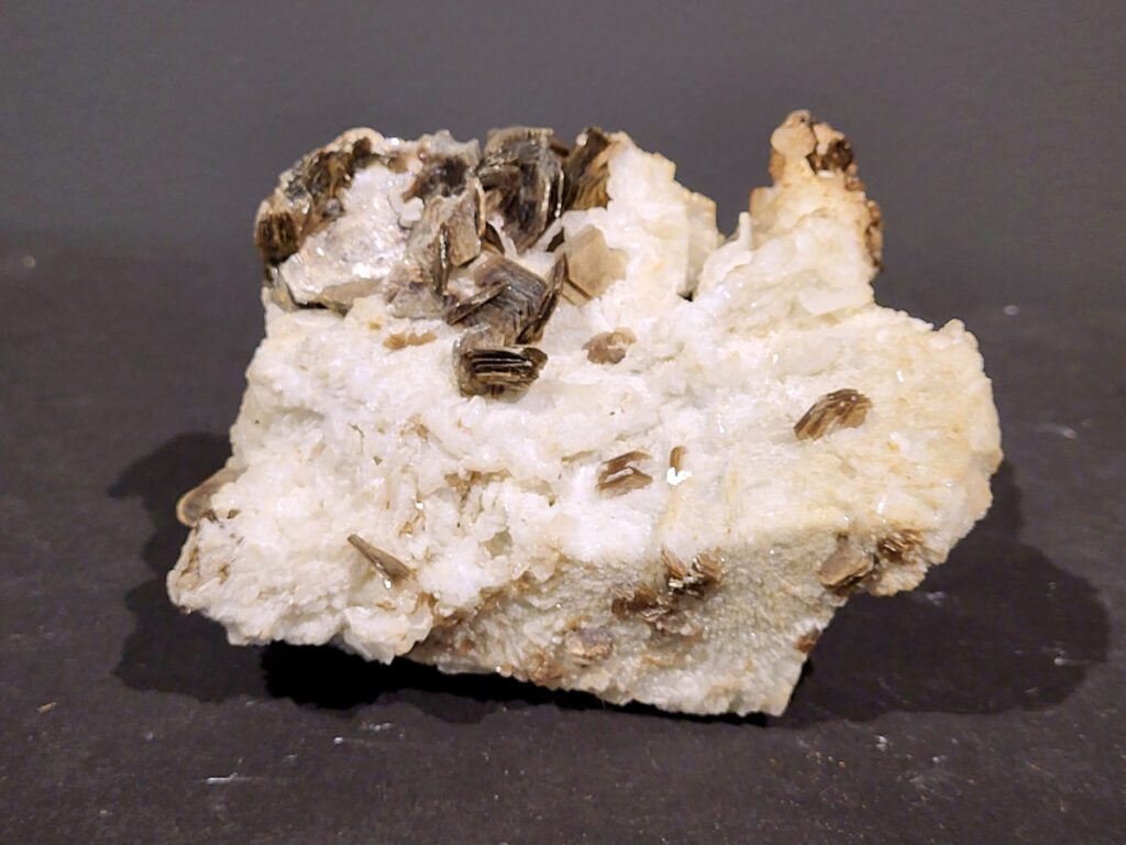 Moskoviet en mica op witte albiet, 0,9kg, 95,- euro, nr. 1

Muscoviet, donkere Mica,
Dit is een prachtige combinatie van muscoviet (donkere mica) op een matrix van albiet of kwarts. 
De glanzende, bladvormige, donkergrijze tot bijna zwarte kristallen zijn typisch voor muscoviet, soms ook aangeduid als “donkere mica, terwijl de lichtere, korrelige tot bladachtige witte ondergrond zeer waarschijnlijk albiet (een veldspaatsoort) is. Soms kan er ook calciet in zitten, maar dit stuk lijkt eerder op albiet of kwarts vanwege de hardheid en kristalstructuur.
Energetische werking:
Muscoviet helpt bij helder inzicht, intuïtieve groei en het loslaten van oude patronen. Het versterkt je spirituele bewustzijn en maakt communicatie met hogere leiding (zoals 
gidsen) gemakkelijker.
Albiet/kwarts reinigt en versterkt energie; het maakt de verbinding met de hogere sferen stabieler en zachter.
In combinatie:
Deze steen ondersteunt een zachte, zuivere verbinding met je intuïtie — hij brengt rust in het hoofd terwijl hij helderheid geeft over je pad. Ideaal om neer te zetten op een altaar of plek waar je mediteert of afstemt op hogere energie.