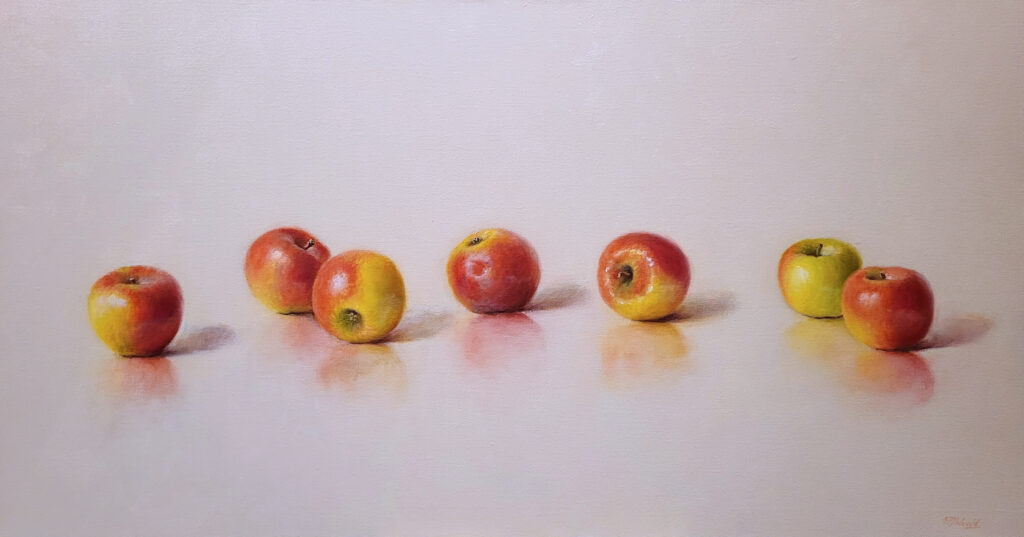 E.P. Moleveld, olieverf op linnen, afmeting 50x95cm doekmaat, appels, lijst nog niet op voorraad, nr. 393