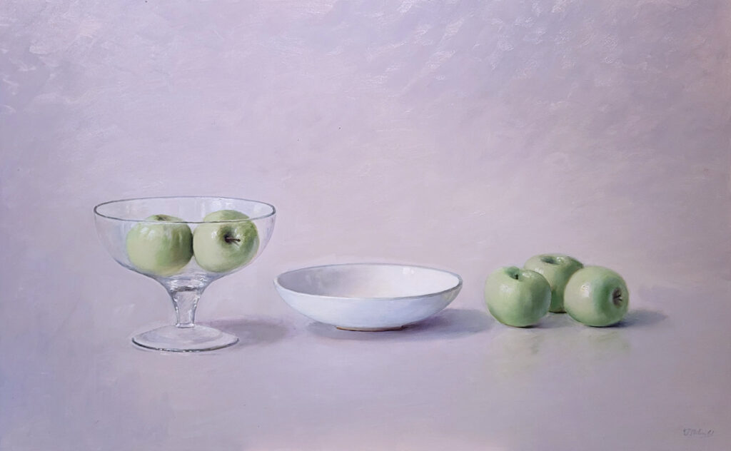 E.P. Moleveld, olieverf op paneel, appels met glas, afmeting 50x80cm paneelmaat, lijst nog niet op voorraad, nr. 392