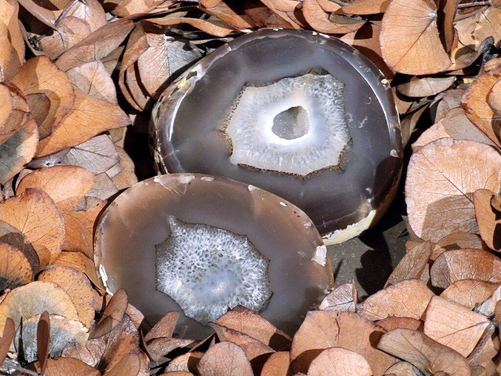 <strong>Agaat, paar, 1kg, 52,- euro, nr. 30</strong>

<strong>Beschrijving Agaat.</strong>

Agaat is een veelzijdige edelsteen die bekend staat om zijn prachtige kleurbanden en patronen. Het is een variëteit van het mineraal kwarts, meer specifiek chalcedoon, en wordt vaak gebruikt in sieraden en als decoratieve steen. 
<strong>Algemene kenmerken:</strong>
Agaat is een microkristallijne vorm van kwarts, bestaande uit microscopisch kleine kristallen. 
<strong>Kleuren en patronen:</strong>
Agaat komt voor in vele kleuren, vaak met banden of lagen in verschillende tinten. 
Agaat is een populaire keuze voor het maken van kettingen, armbanden, ringen en andere sieraden vanwege de esthetische aantrekkingskracht en duurzaamheid. 
<strong>Spirituele eigenschappen:</strong>
Agaat wordt vaak geassocieerd met aardende, stabiliserende en beschermende eigenschappen. 
<strong>Helende werking:</strong>
Er wordt aangenomen dat agaat kan helpen bij het verminderen van stress, het bevorderen van emotioneel evenwicht en het versterken van het zelfvertrouwen. 
<strong>Verzorging van agaat:</strong>
Agaat is relatief gemakkelijk te onderhouden. Het kan worden gereinigd met lauw water, de rook van witte salie of palo santo, of door het op een hematiet- of bergkristal-cluster te plaatsen. 

<strong>-	Kunstgalerie-Arnold -</strong>