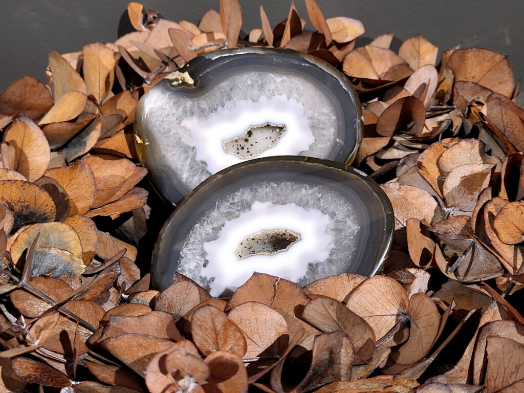 <strong>Agaat, paar, 2,2kg, 108,- euro, nr. 31</strong>

<strong>Beschrijving Agaat.</strong>

Agaat is een veelzijdige edelsteen die bekend staat om zijn prachtige kleurbanden en patronen. Het is een variëteit van het mineraal kwarts, meer specifiek chalcedoon, en wordt vaak gebruikt in sieraden en als decoratieve steen. 
<strong>Algemene kenmerken:</strong>
Agaat is een microkristallijne vorm van kwarts, bestaande uit microscopisch kleine kristallen. 
<strong>Kleuren en patronen:</strong>
Agaat komt voor in vele kleuren, vaak met banden of lagen in verschillende tinten. 
Agaat is een populaire keuze voor het maken van kettingen, armbanden, ringen en andere sieraden vanwege de esthetische aantrekkingskracht en duurzaamheid. 
<strong>Spirituele eigenschappen:</strong>
Agaat wordt vaak geassocieerd met aardende, stabiliserende en beschermende eigenschappen. 
<strong>Helende werking:</strong>
Er wordt aangenomen dat agaat kan helpen bij het verminderen van stress, het bevorderen van emotioneel evenwicht en het versterken van het zelfvertrouwen. 
<strong>Verzorging van agaat:</strong>
Agaat is relatief gemakkelijk te onderhouden. Het kan worden gereinigd met lauw water, de rook van witte salie of palo santo, of door het op een hematiet- of bergkristal-cluster te plaatsen. 

<strong>-	Kunstgalerie-Arnold -</strong>